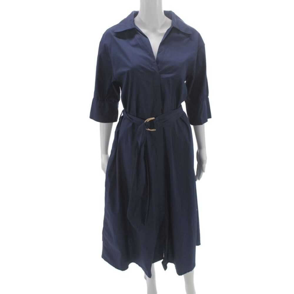 Lusana Women Shirt Dress Solid Blue Collared 3/4 Sleeve Mid Calf Cotton Size L